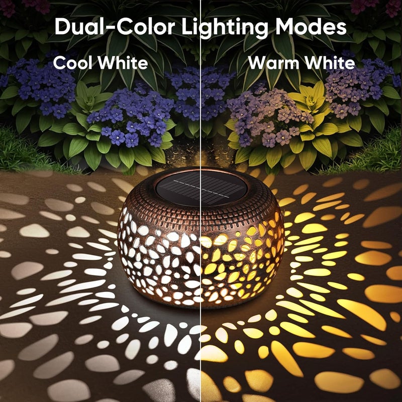 NFEVER Solar Lanterns Outdoor Waterproof Decor: 2 Pack Red Copper Hollow Out Retro Metal Solar Lights - Unique Gardening Gifts for Women Mom - Outside Patio Porch Yard Tabletop Decorations 2 Lighting Modes - Image 3